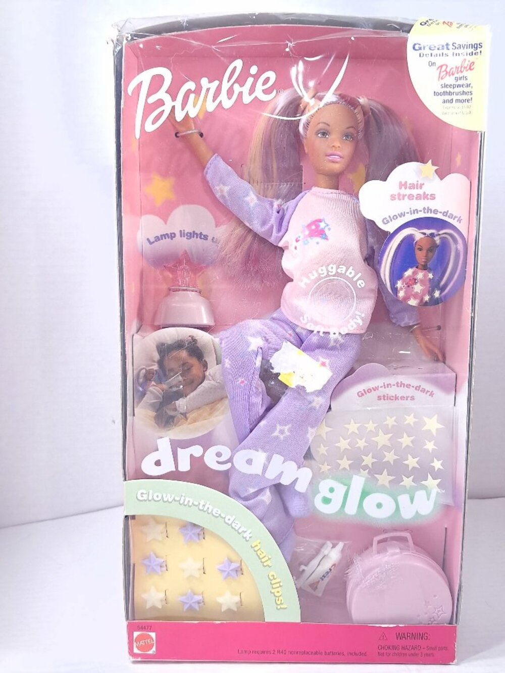 Vintage Barbie Dream Glow dark Bedtime Fun Doll pink pjs African 54477 2001
